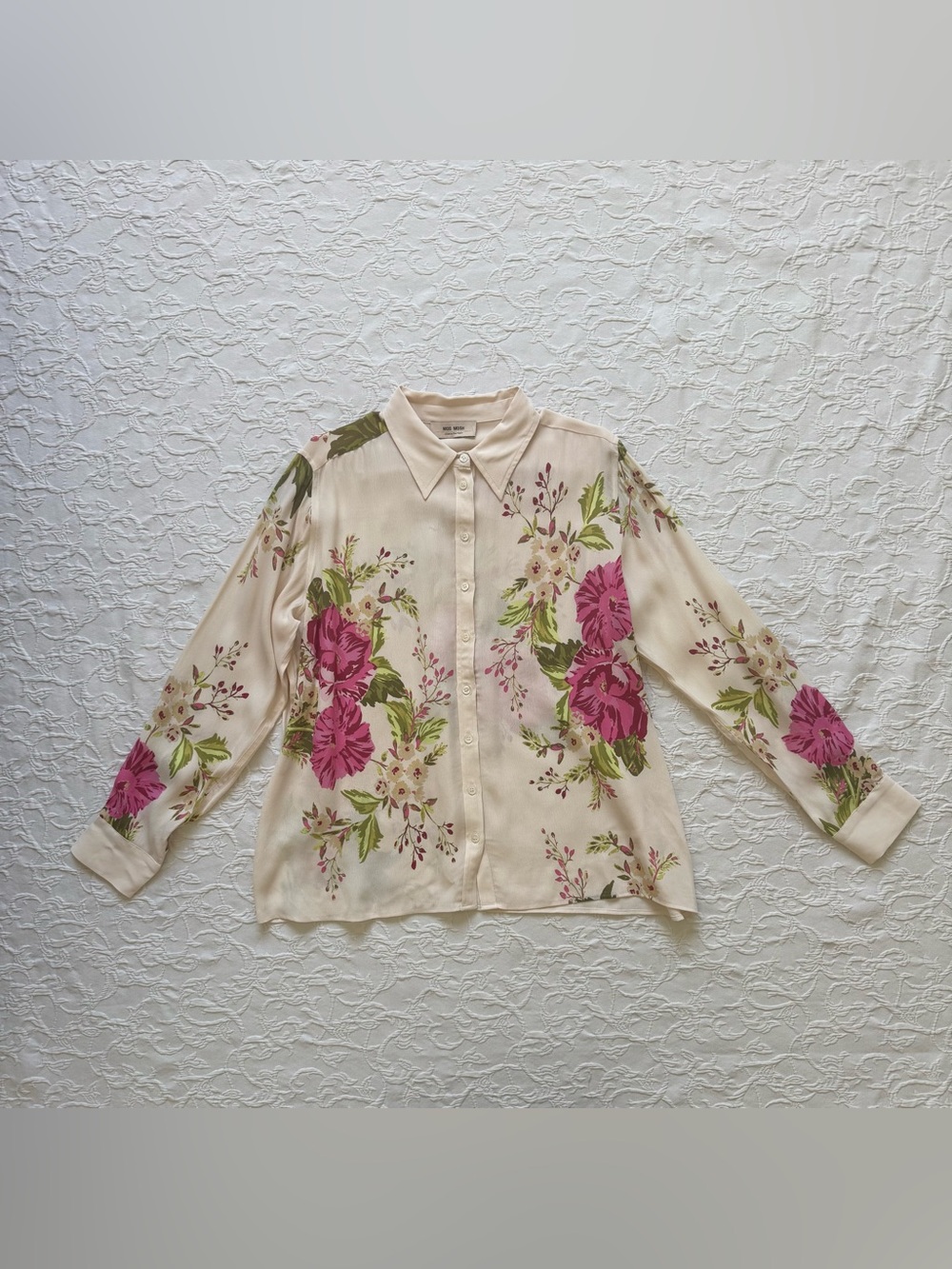 Mos Mosh Floral Button-Front Blouse - Pink Flower on Cream XL